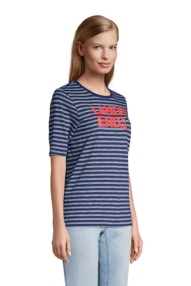Lands039 End Tops and Tees Women Elbow Sleeve Slub Jersey Crew Neck Logo Graphic Tshirt Deep Sea Navy