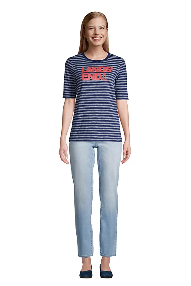 Lands039 End Tops and Tees Women Elbow Sleeve Slub Jersey Crew Neck Logo Graphic Tshirt Deep Sea Navy