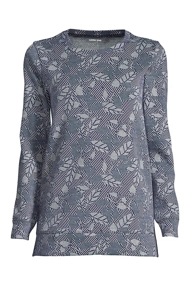 Lands039 End Tops and Tees Women Long Sleeve Sport Knit Jacquard Sweatshirt Tunic Deep Sea Navy Chevron Floral Lands039 End Tops and Tees Women Long Sleeve Sport Knit Jacquard Sweatshirt Tunic Deep Sea Navy Chevron Floral