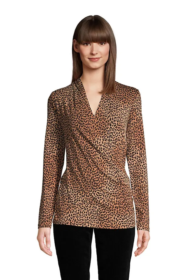 Lands039 End Tops and Tees Women Long Sleeve Wrap Top Warm Tawny Brown Leopard
