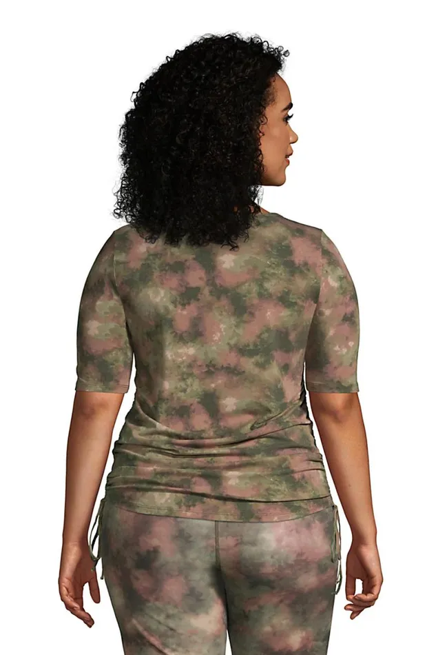 Lands039 End Tops and Tees Women Plus Size Power Performance Elbow Sleeve Drawstring Top Print Forest Moss Camo Tie Dye