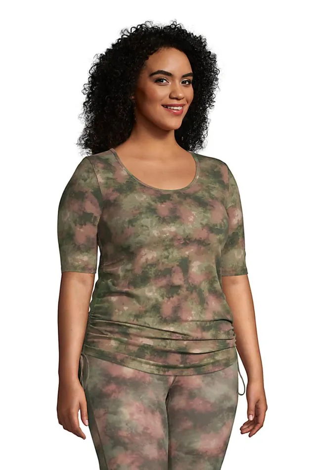 Lands039 End Tops and Tees Women Plus Size Power Performance Elbow Sleeve Drawstring Top Print Forest Moss Camo Tie Dye