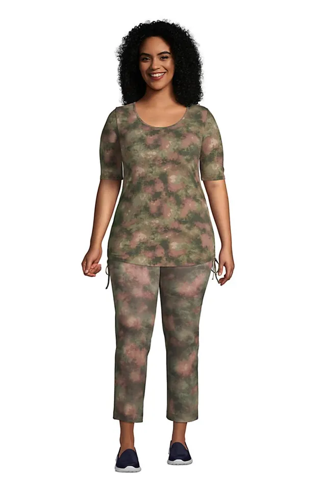 Lands039 End Tops and Tees Women Plus Size Power Performance Elbow Sleeve Drawstring Top Print Forest Moss Camo Tie Dye