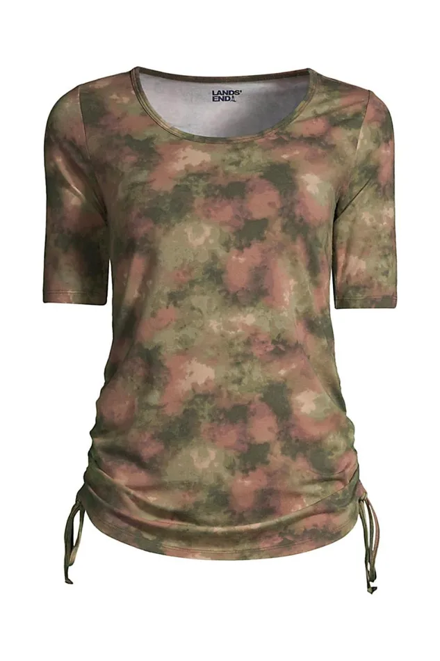 Lands039 End Tops and Tees Women Plus Size Power Performance Elbow Sleeve Drawstring Top Print Forest Moss Camo Tie Dye