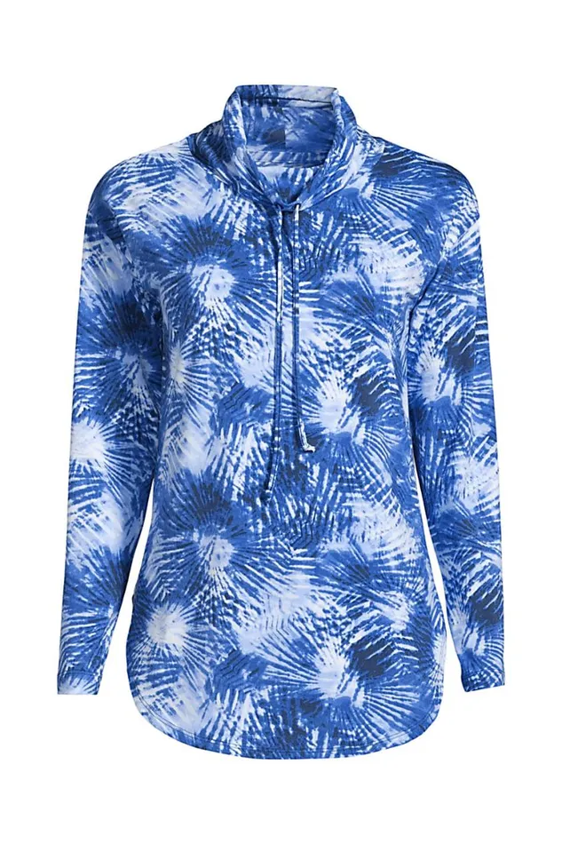Lands039 End Tops and Tees Women Power Performance Cowl Neck Top Print Deep Sea Navy Tie Dye Palm