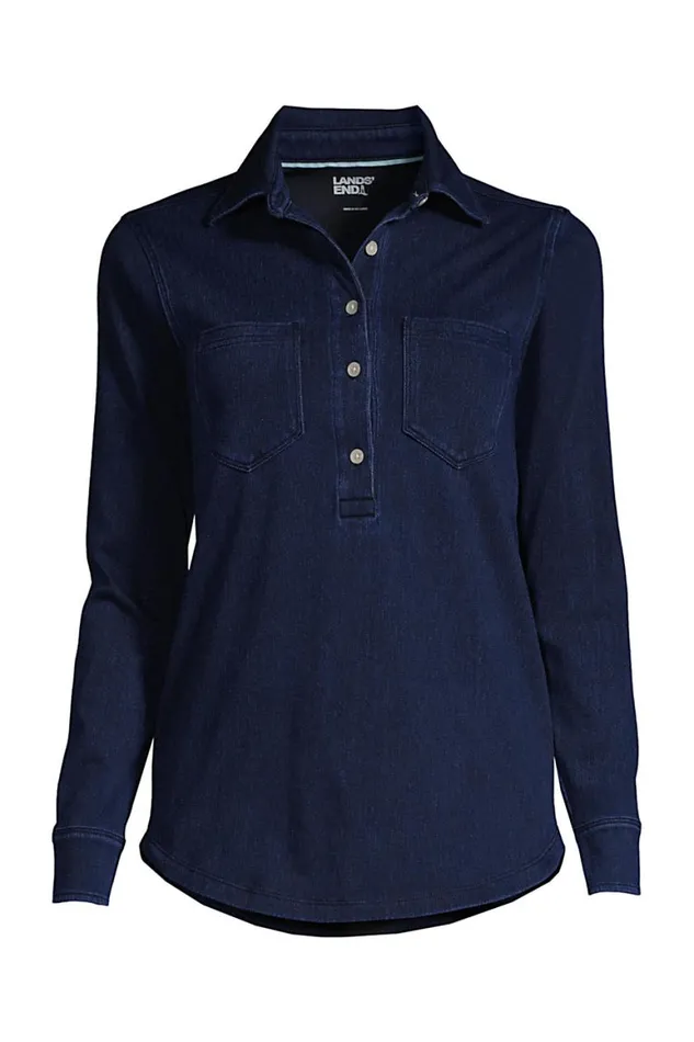 Lands039 End Tunic Tops Women Plus Size Sport Knit Long Sleeve Denim Popover Tunic Dark Indigo