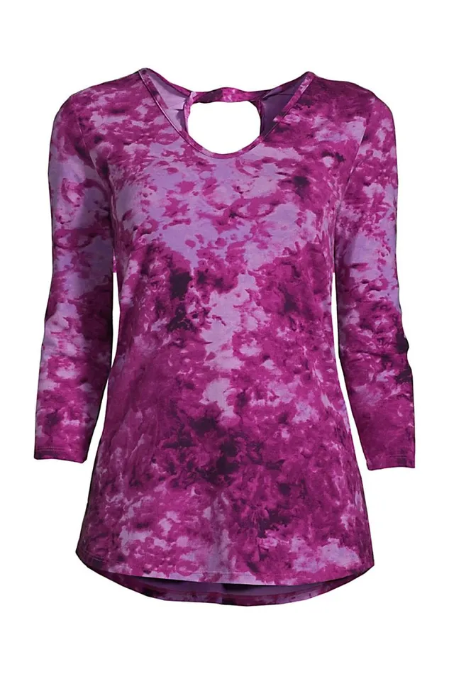 Lands039 End Tunic Tops Women Power Performance 34 Sleeve Twist Back Tunic Print Violet Rose Tie Dye