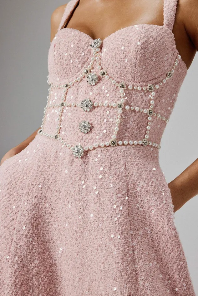 Lavish Alice ALine Dresses KIRA Pearl Embellished Boucle A Line Dress In Pink Pink 8211 Women