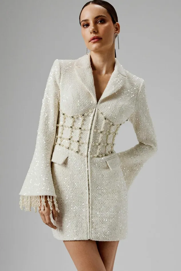 Lavish Alice Blazer Dresses CLARA Pearl Embellished Mini Boucle Blazer Dress In Beige Beige 8211 Women Lavish Alice Blazer Dresses CLARA Pearl Embellished Mini Boucle Blazer Dress In Beige Beige 8211 Women