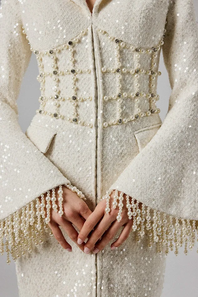 Lavish Alice Blazer Dresses CLARA Pearl Embellished Mini Boucle Blazer Dress In Beige Beige 8211 Women