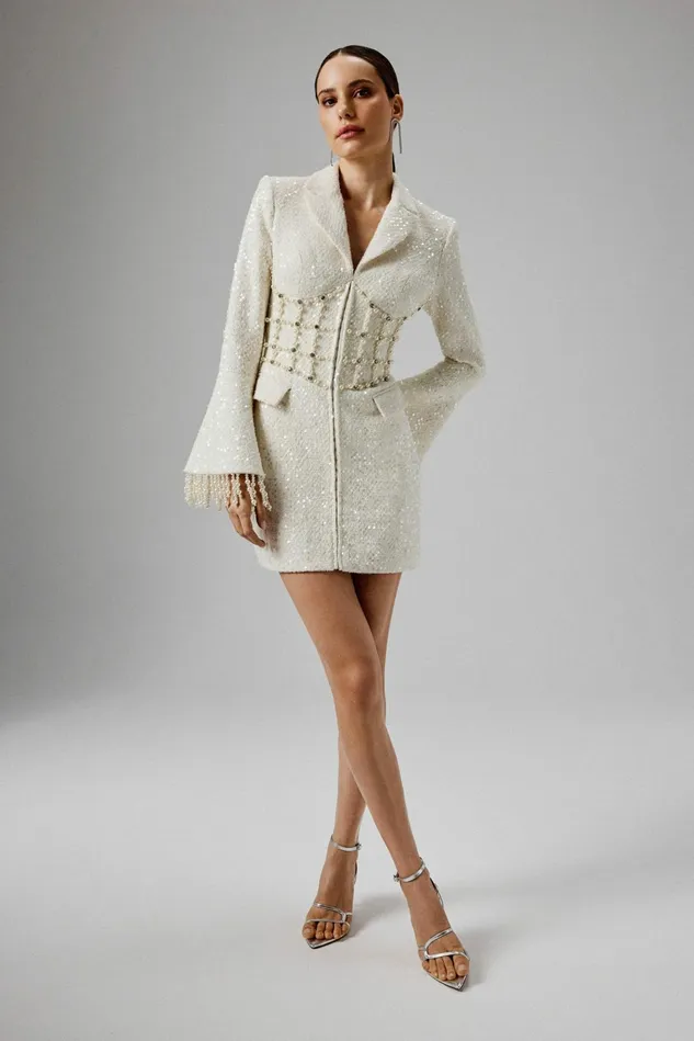 Lavish Alice Blazer Dresses CLARA Pearl Embellished Mini Boucle Blazer Dress In Beige Beige 8211 Women