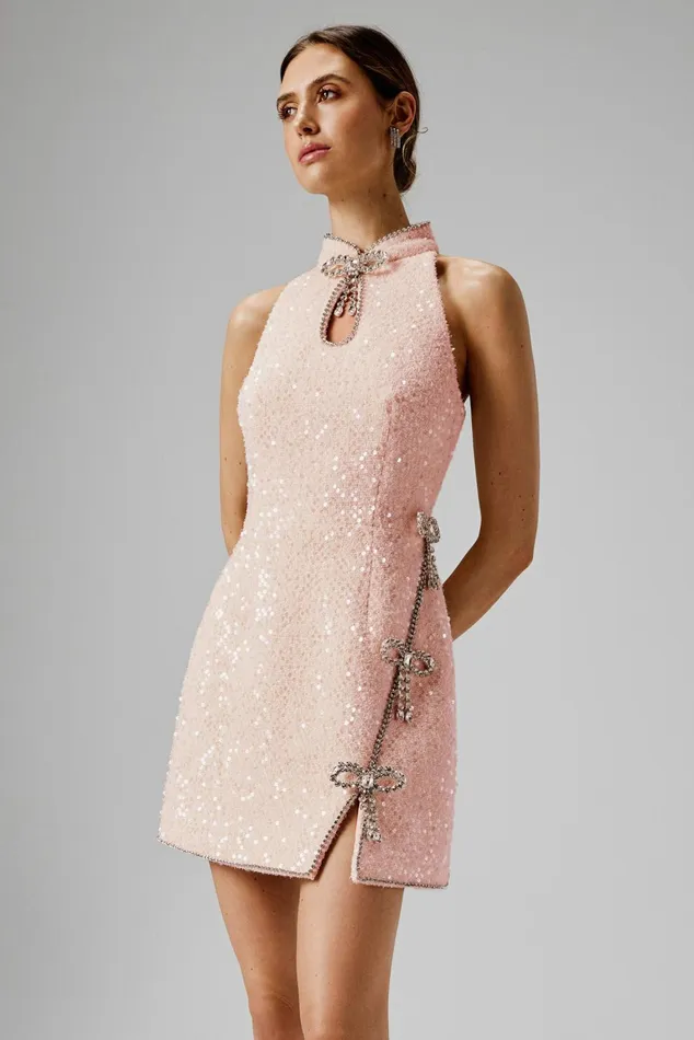 Lavish Alice Bow Dresses SOLENE Sequin Boucle High Collar Mini Dress With Bow Embellishment In Pink I Dress With Bow Embellishment In 8211 Women Lavish Alice Bow Dresses SOLENE Sequin Boucle High Collar Mini Dress With Bow Embellishment In Pink I Dress With Bow Embellishment In 8211 Women