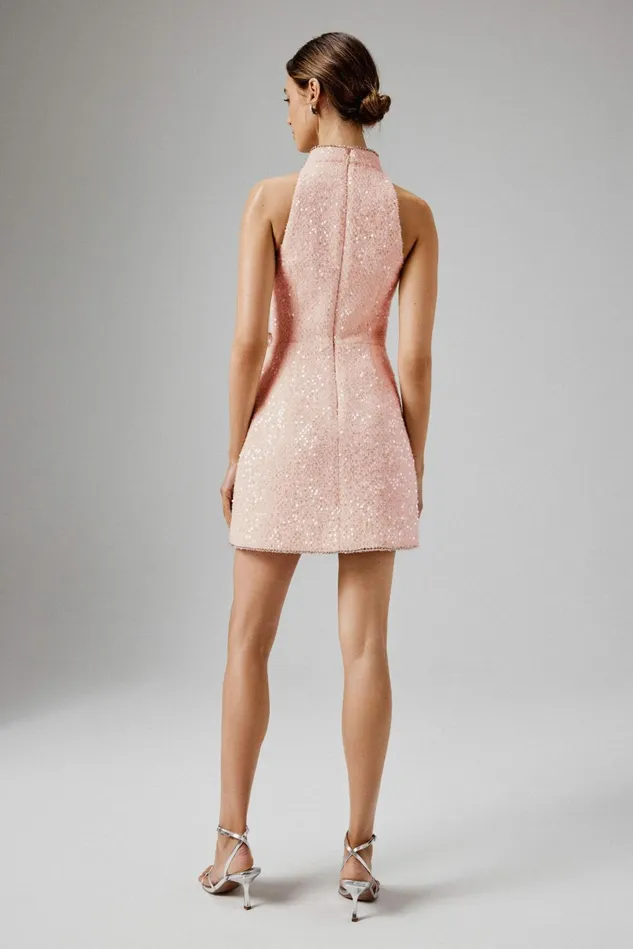 Lavish Alice Bow Dresses SOLENE Sequin Boucle High Collar Mini Dress With Bow Embellishment In Pink I Dress With Bow Embellishment In 8211 Women