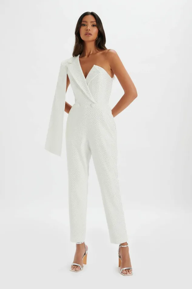 Lavish Alice Cape Dresses MISCHA Crystal Embellished One Shoulder Cape Jumpsuit In White White 8211 Women Lavish Alice Cape Dresses MISCHA Crystal Embellished One Shoulder Cape Jumpsuit In White White 8211 Women