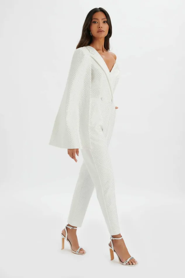 Lavish Alice Cape Dresses MISCHA Crystal Embellished One Shoulder Cape Jumpsuit In White White 8211 Women