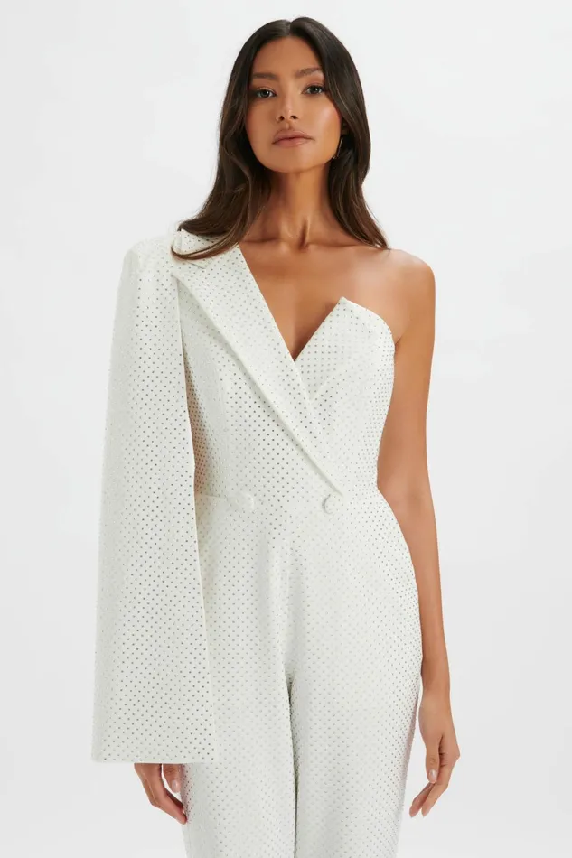 Lavish Alice Cape Dresses MISCHA Crystal Embellished One Shoulder Cape Jumpsuit In White White 8211 Women