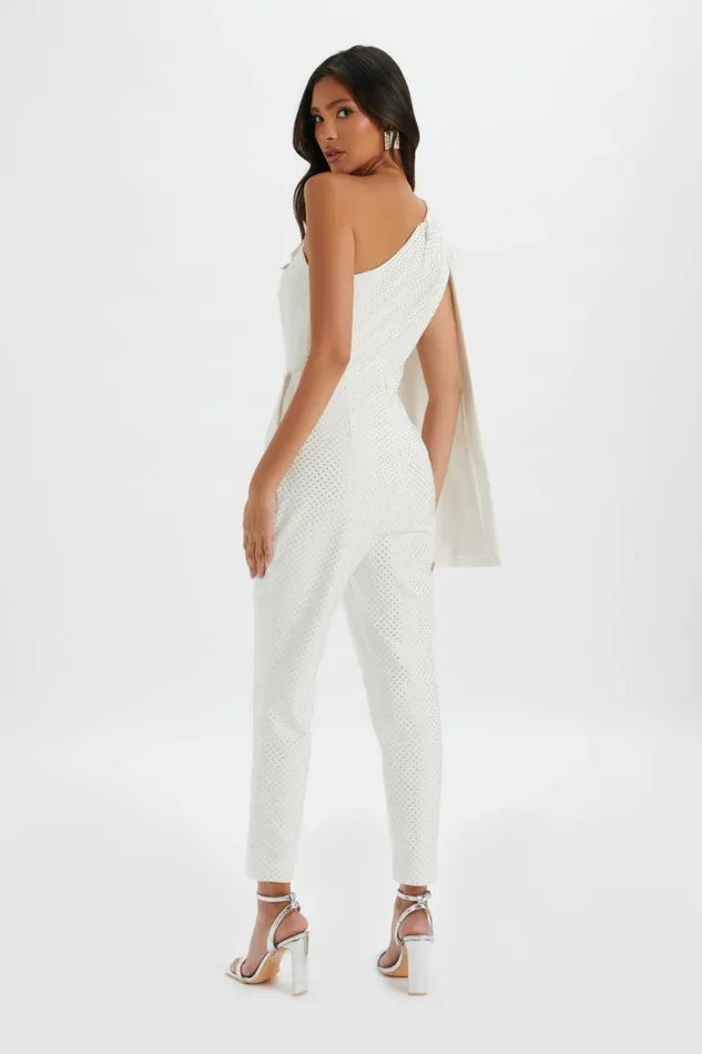 Lavish Alice Cape Dresses MISCHA Crystal Embellished One Shoulder Cape Jumpsuit In White White 8211 Women
