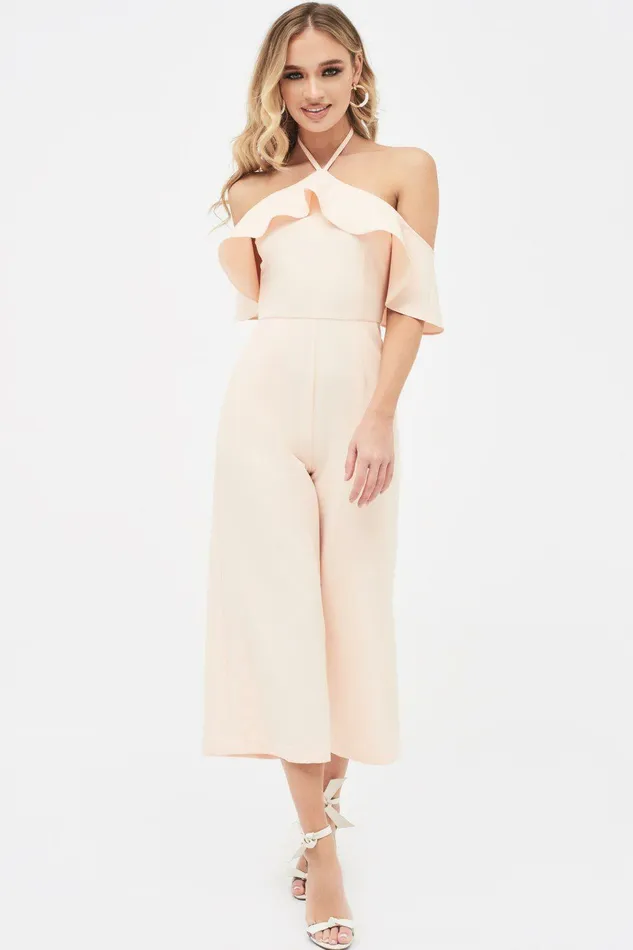 Lavish Alice Jumpsuits and Playsuits KENNEDY Bardot Frill Halterneck Culotte Leg Jumpsuit In Nude Nude 8211 Women