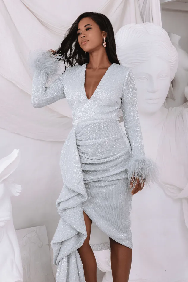 Lavish Alice LongSleeve Dresses ATHENA Draped Skirt Pleated Sequin Midi Dress In Silver Silver 8211 Women Lavish Alice LongSleeve Dresses ATHENA Draped Skirt Pleated Sequin Midi Dress In Silver Silver 8211 Women