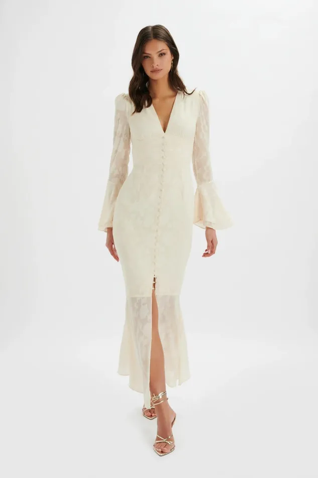 Lavish Alice LongSleeve Dresses LAUREN Fluted Sleeve Maxi Dress In Cream Floral Textured Chiffon Cream Floral Textured Chiffon 8211 Women