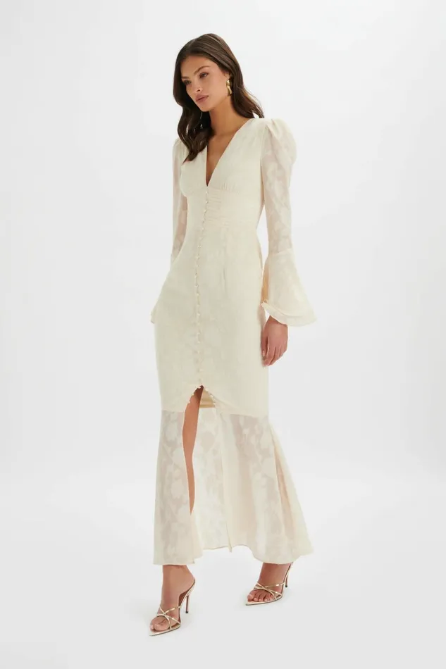 Lavish Alice LongSleeve Dresses LAUREN Fluted Sleeve Maxi Dress In Cream Floral Textured Chiffon Cream Floral Textured Chiffon 8211 Women