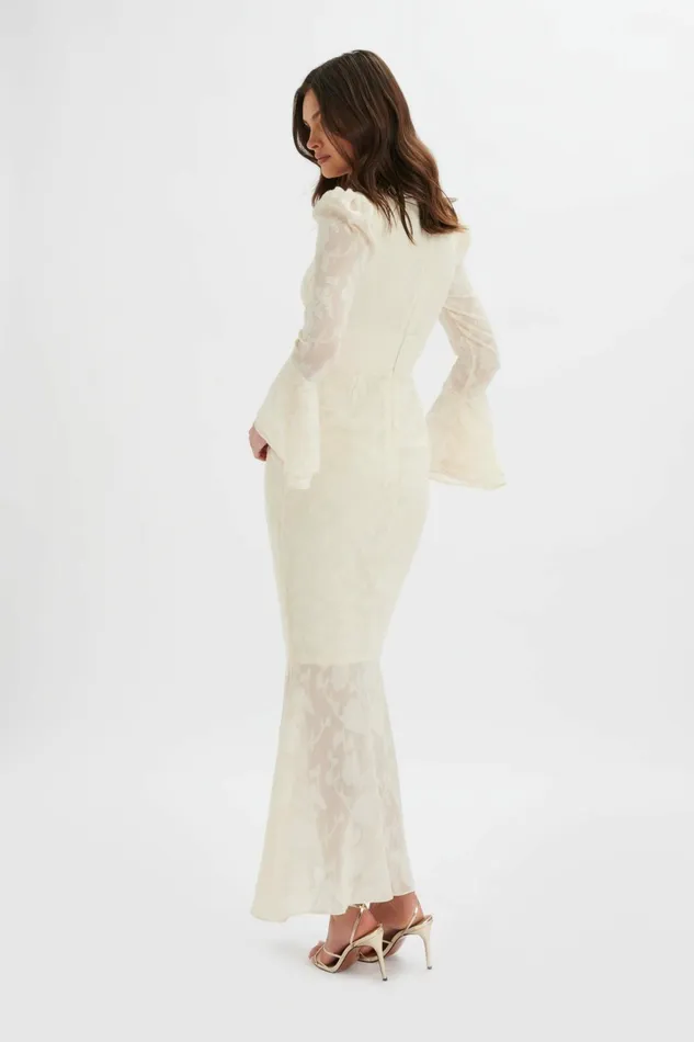 Lavish Alice LongSleeve Dresses LAUREN Fluted Sleeve Maxi Dress In Cream Floral Textured Chiffon Cream Floral Textured Chiffon 8211 Women