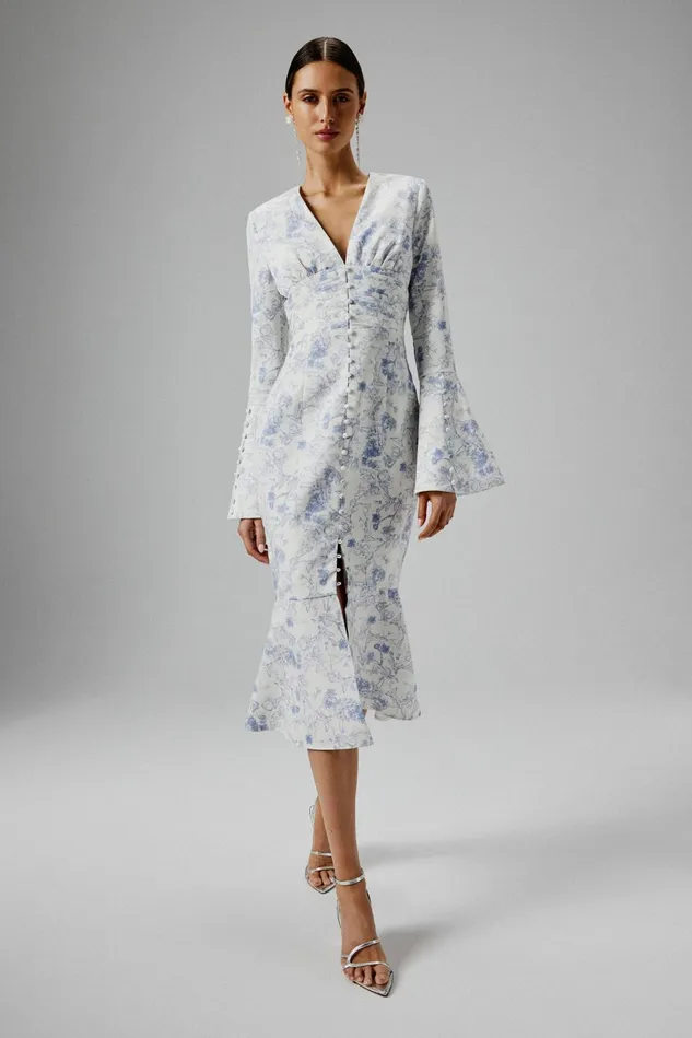 Lavish Alice LongSleeve Dresses SALMA Fluted Sleeve Longline Fishtail Midi Dress In Blue Porcelain Print 8211 Women Lavish Alice LongSleeve Dresses SALMA Fluted Sleeve Longline Fishtail Midi Dress In Blue Porcelain Print 8211 Women