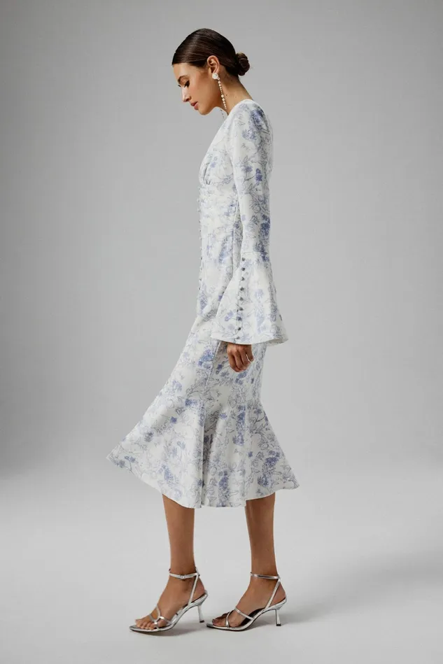 Lavish Alice LongSleeve Dresses SALMA Fluted Sleeve Longline Fishtail Midi Dress In Blue Porcelain Print 8211 Women