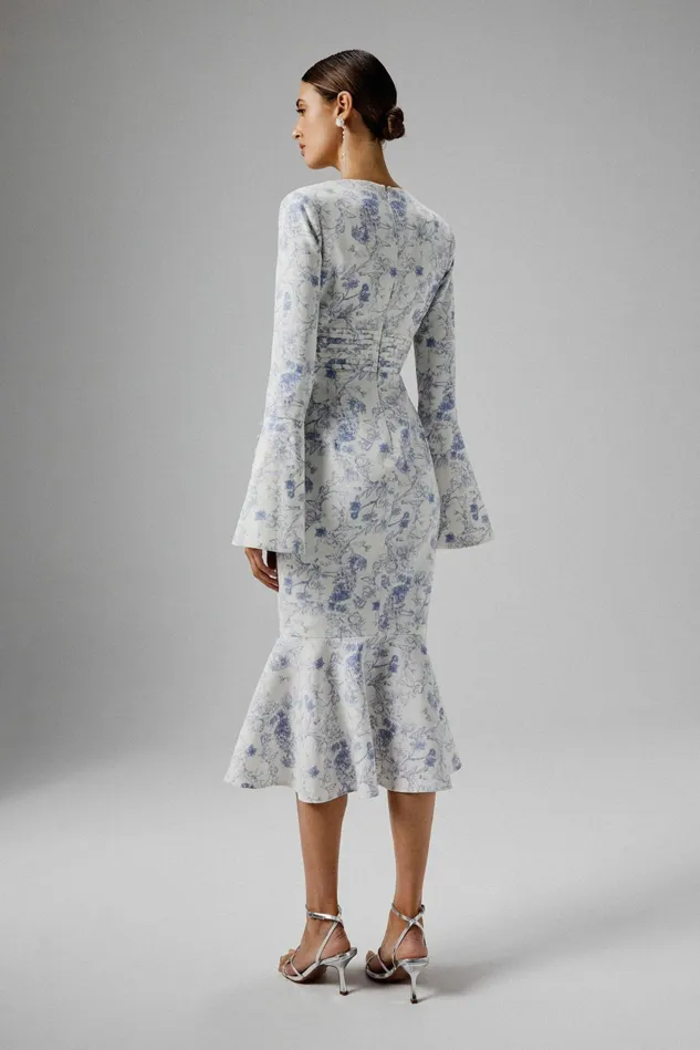Lavish Alice LongSleeve Dresses SALMA Fluted Sleeve Longline Fishtail Midi Dress In Blue Porcelain Print 8211 Women