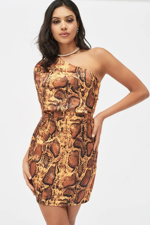 Lavish Alice Off The Shoulder and Bardot EMILIA Satin One Shoulder Cape Mini Dress In Golden Yellow Snake Print Golden Yellow Snake Print 8211 Women