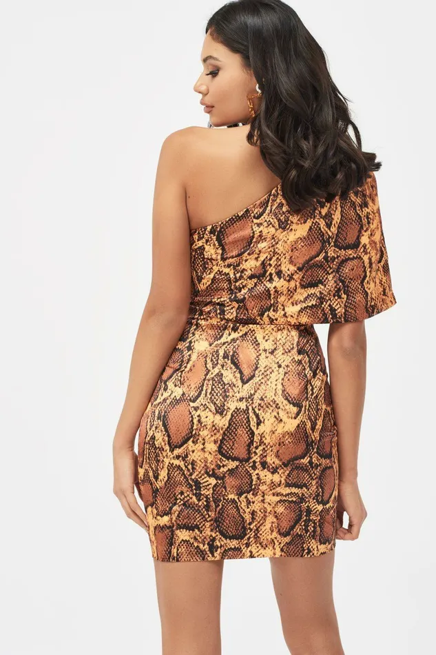 Lavish Alice Off The Shoulder and Bardot EMILIA Satin One Shoulder Cape Mini Dress In Golden Yellow Snake Print Golden Yellow Snake Print 8211 Women