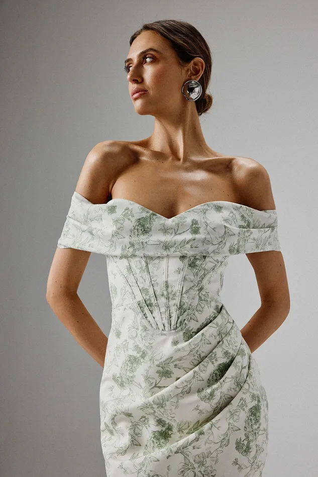 Lavish Alice Off The Shoulder and Bardot GEORGIE Off Shoulder Lace Up Mini Dress In Sage Porcelain Sage Porcelain 8211 Women