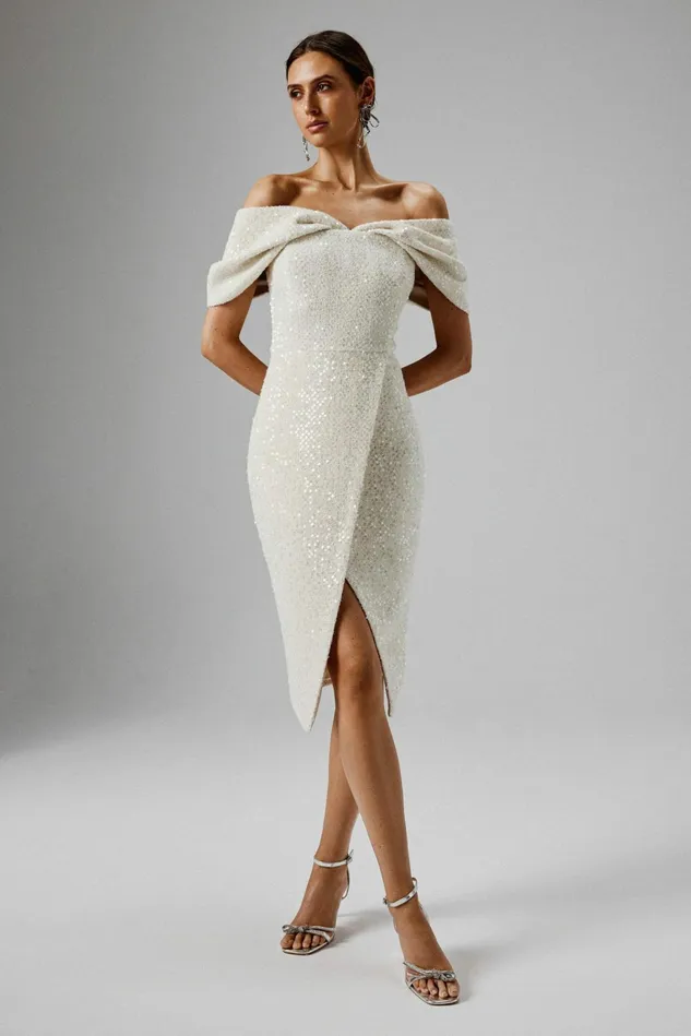 Lavish Alice Off The Shoulder and Bardot HARLEEN Draped Bardot Sequin Boucle Midi Dress In Beige Beige 8211 Women Lavish Alice Off The Shoulder and Bardot HARLEEN Draped Bardot Sequin Boucle Midi Dress In Beige Beige 8211 Women