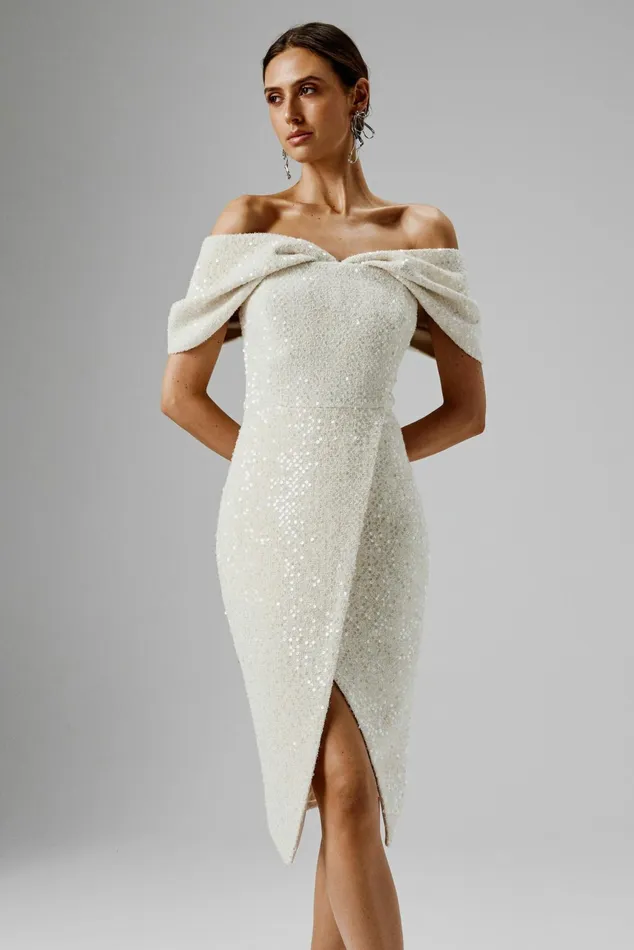 Lavish Alice Off The Shoulder and Bardot HARLEEN Draped Bardot Sequin Boucle Midi Dress In Beige Beige 8211 Women
