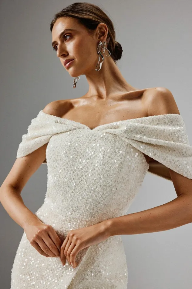 Lavish Alice Off The Shoulder and Bardot HARLEEN Draped Bardot Sequin Boucle Midi Dress In Beige Beige 8211 Women