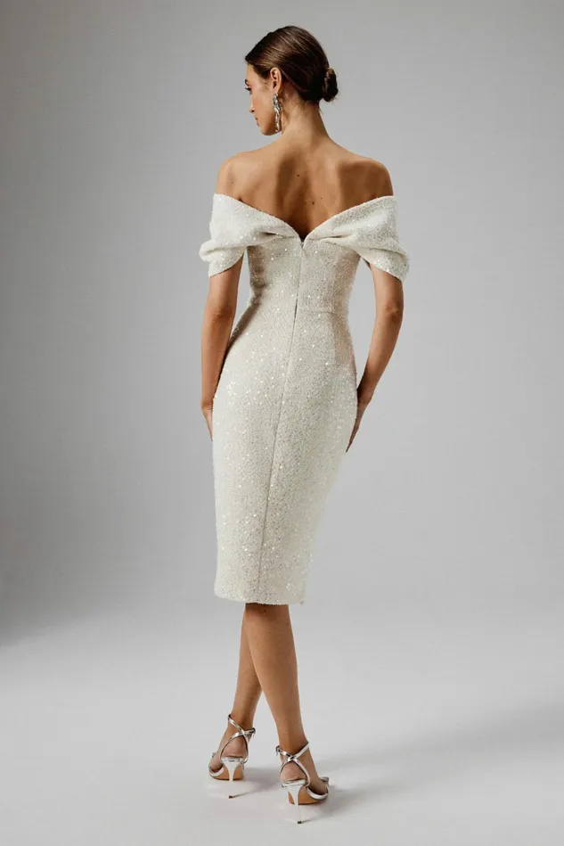 Lavish Alice Off The Shoulder and Bardot HARLEEN Draped Bardot Sequin Boucle Midi Dress In Beige Beige 8211 Women