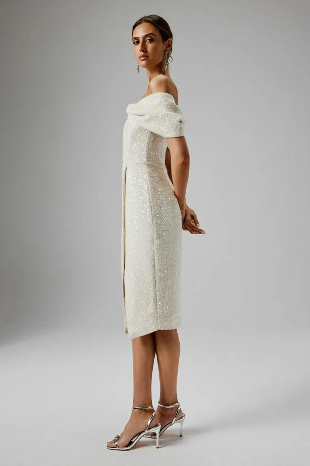 Lavish Alice Off The Shoulder and Bardot HARLEEN Draped Bardot Sequin Boucle Midi Dress In Beige Beige 8211 Women
