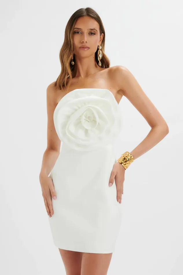 Lavish Alice Strapless and Bandeau Dresses BRYANNA 3D Flower Bandeau Satin Mini Dress In White White 8211 Women Lavish Alice Strapless and Bandeau Dresses BRYANNA 3D Flower Bandeau Satin Mini Dress In White White 8211 Women