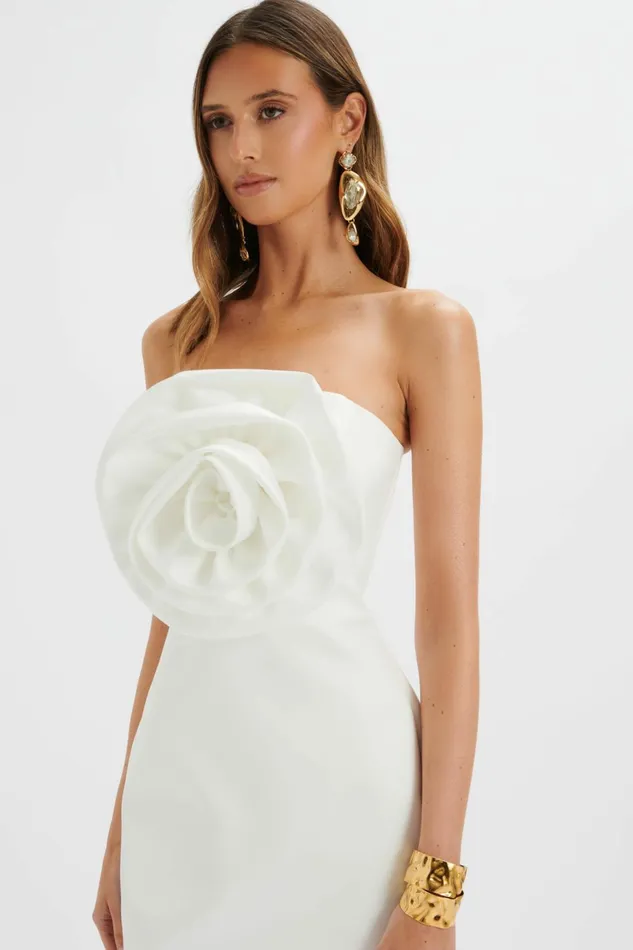 Lavish Alice Strapless and Bandeau Dresses BRYANNA 3D Flower Bandeau Satin Mini Dress In White White 8211 Women