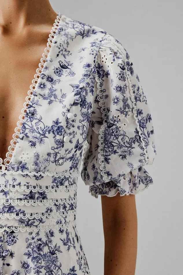 Lavish Alice Wedding Guest CINDY Micro Button And Loop Detail Long Midi Dress In Blue Porcelain Print Blue Porcelain P 8211 Women
