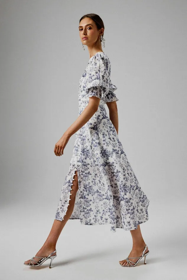Lavish Alice Wedding Guest CINDY Micro Button And Loop Detail Long Midi Dress In Blue Porcelain Print Blue Porcelain P 8211 Women