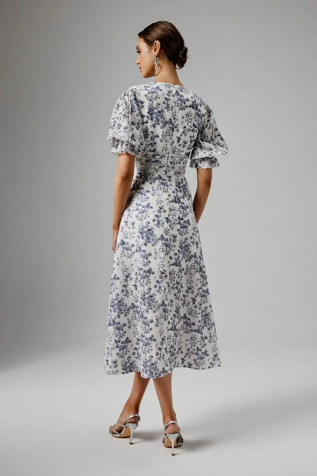 Lavish Alice Wedding Guest CINDY Micro Button And Loop Detail Long Midi Dress In Blue Porcelain Print Blue Porcelain P 8211 Women