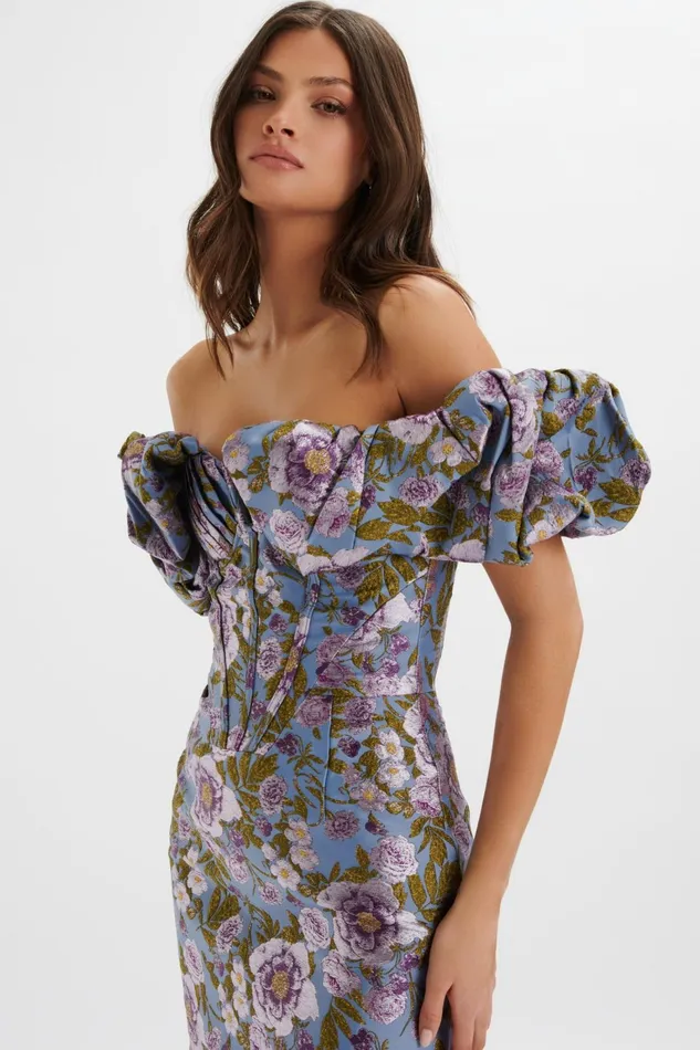 Lavish Alice Wedding Guest HARLOW Jacquard Corset Puff Sleeve Midi Dress In Blue Purple Blue Purple 8211 Women Lavish Alice Wedding Guest HARLOW Jacquard Corset Puff Sleeve Midi Dress In Blue Purple Blue Purple 8211 Women