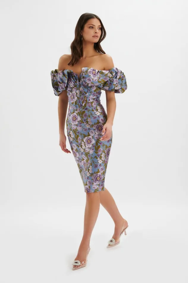 Lavish Alice Wedding Guest HARLOW Jacquard Corset Puff Sleeve Midi Dress In Blue Purple Blue Purple 8211 Women