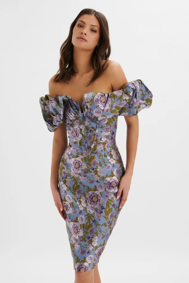 Lavish Alice Wedding Guest HARLOW Jacquard Corset Puff Sleeve Midi Dress In Blue Purple Blue Purple 8211 Women