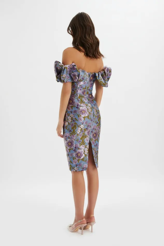 Lavish Alice Wedding Guest HARLOW Jacquard Corset Puff Sleeve Midi Dress In Blue Purple Blue Purple 8211 Women