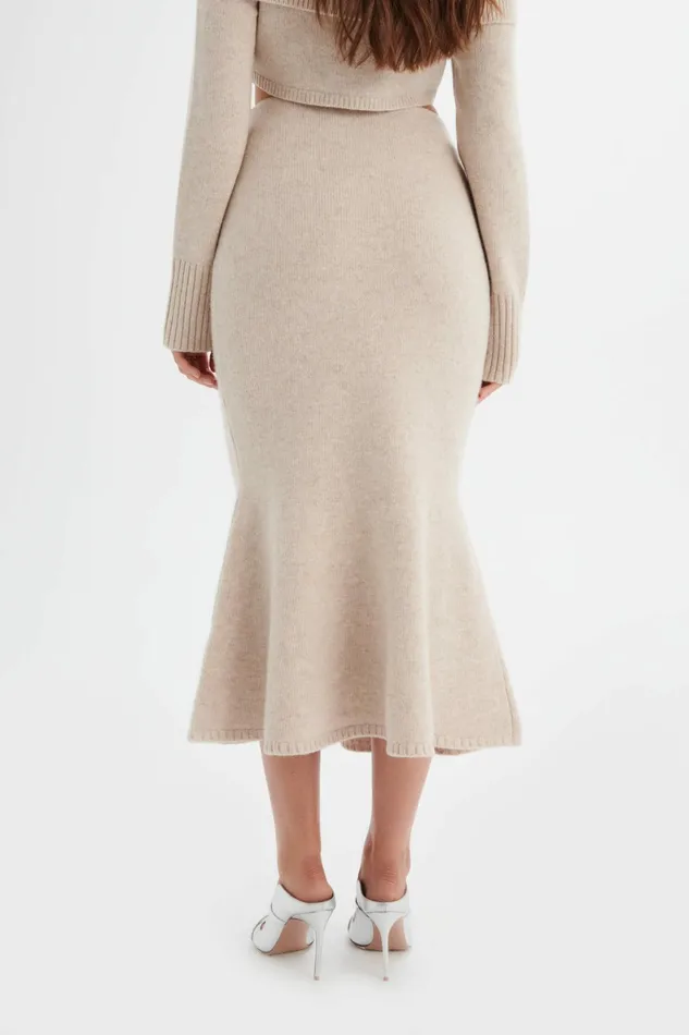 Lavish Alice Winter Knitwear ELENI Knitted Wool Fit and Flare Midi Skirt In Stone Stone 8211 Women