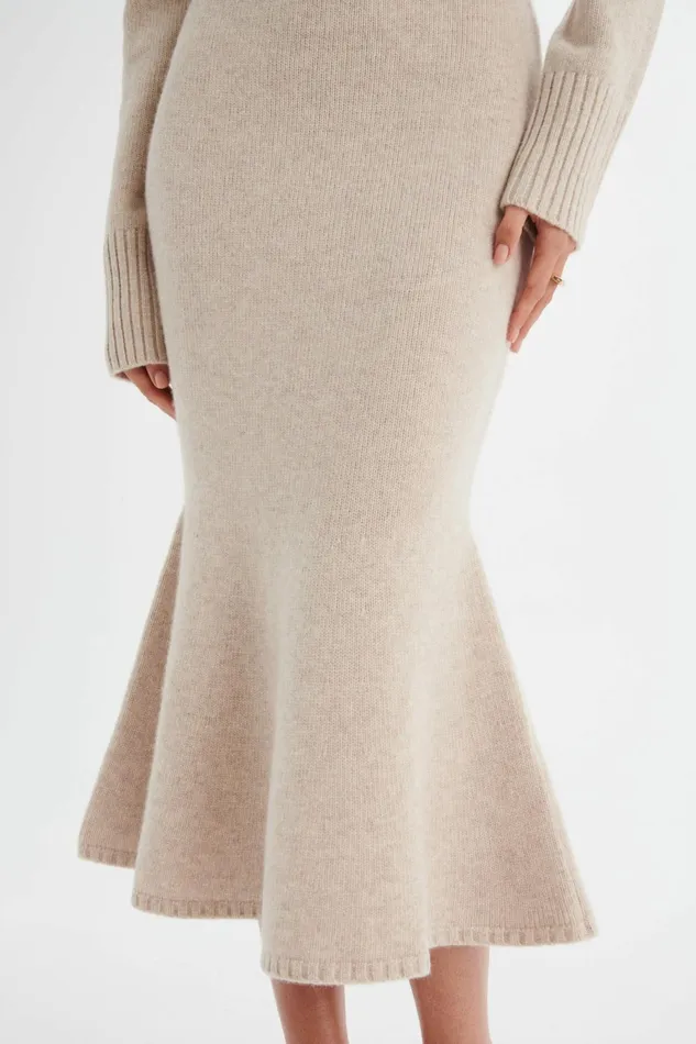 Lavish Alice Winter Knitwear ELENI Knitted Wool Fit and Flare Midi Skirt In Stone Stone 8211 Women