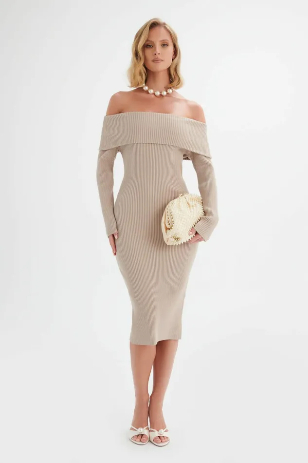 Lavish Alice Winter Knitwear SUNDAY Knitted Rib Bardot Midi Dress In Beige Beige 8211 Women Lavish Alice Winter Knitwear SUNDAY Knitted Rib Bardot Midi Dress In Beige Beige 8211 Women