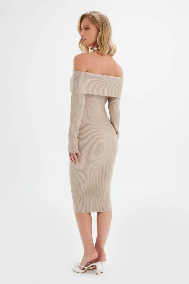 Lavish Alice Winter Knitwear SUNDAY Knitted Rib Bardot Midi Dress In Beige Beige 8211 Women
